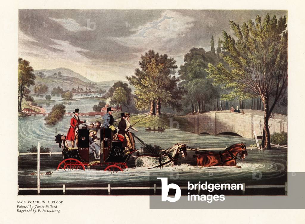 Mail coach in a flood. Royal mail four-horse coach with liveried guard driving through a flooded riverside road, 1820s. Color print after an engraving by F. Rosenbourg from an illustration by James Pollard in Ralph Nevill’s Old Sporting Prints, The Connoisseur Magazine, London, 1908.