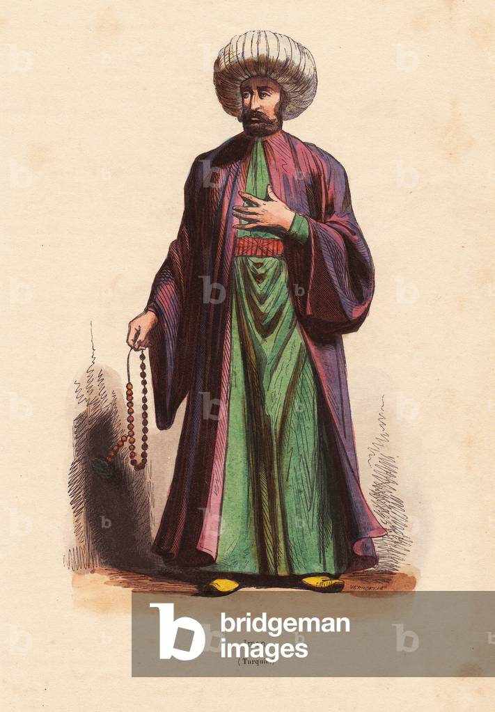Imam of Turkey - Turkish iman in turban and long robes - Handcoloured woodcut by Vermorcke from “” Mores, Uses et Costumes de tous les Peuples du Monde, Asie,”” by Auguste Wahlen, pseudonym of Jean Francois Nicolas Loumyer (1801-1875), Librairie Historique Artistique, Brussels, 1845