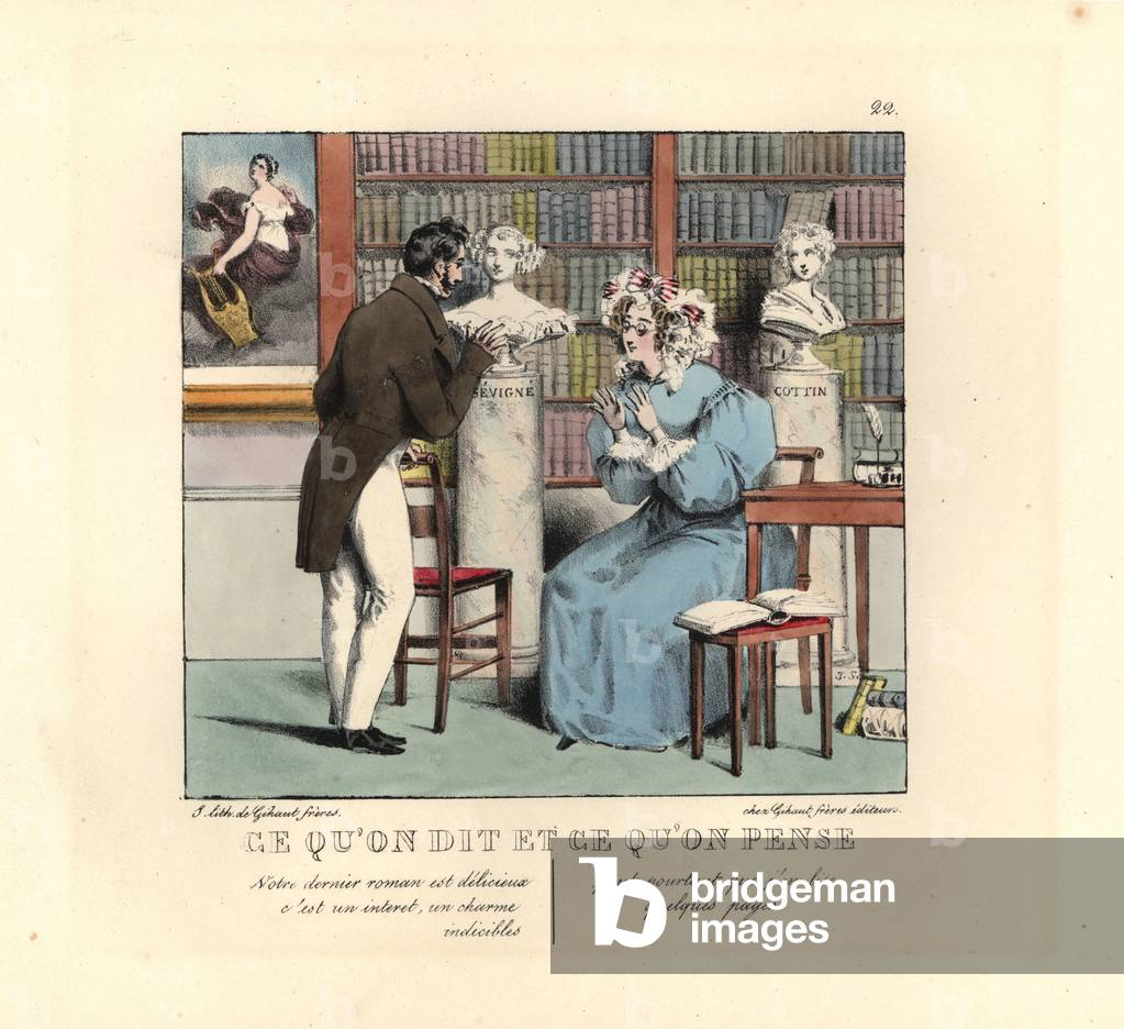 Bookish woman in a library talking to an author. She says, Your last novel is delicious with an indescribable charm. She thinks, Although I only read a few pages. Handcoloured lithograph by the Gihaut brothers after an illustration by Swiss artist Jean Gabriel Scheffer from Petites Scenes du Monde, What we say and what we think, Gihaut Freres, Paris, 1829.