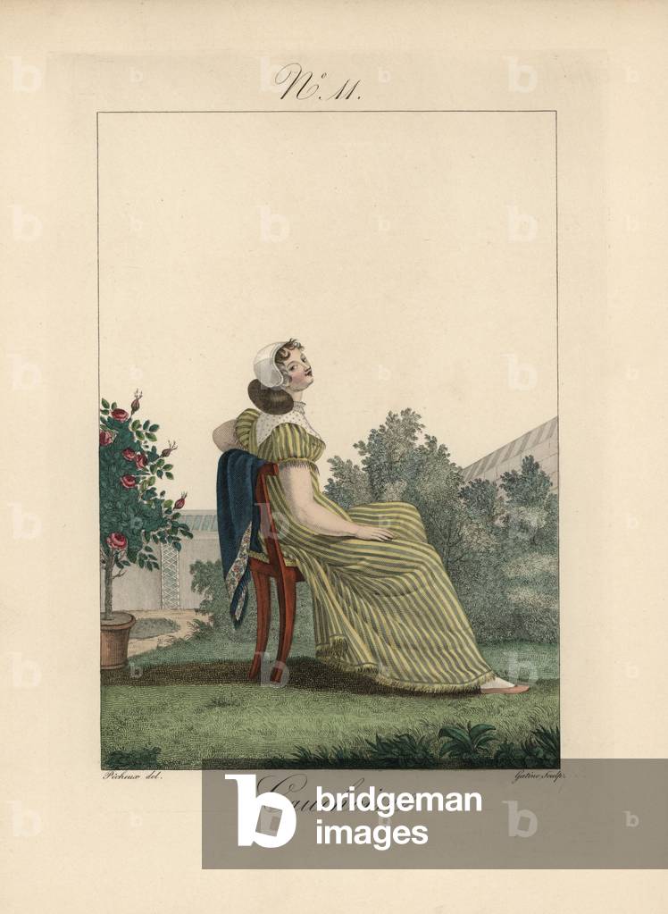 Cauchoise, woman of Caux in striped dress, 19th century (engraving)