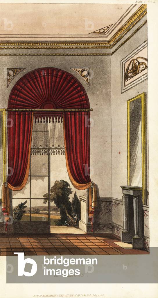 A saloon in a villa with arched and curtained window opening onto a terrace