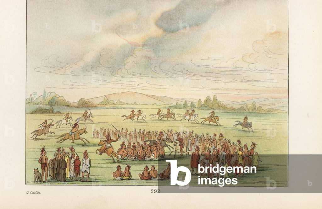 Meskwaki brave Smoking Horses. Fox braves without horses sit smoking tobacco pipes as neighboring Bag warriors bring horses. Handcoloured lithograph from George Catlin's Manners, Customs and Condition of the North American Indians, London, 1841.