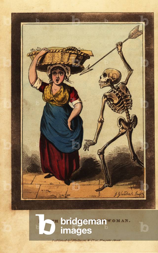 Skeleton of death aiming a dart at a Billingsgate fishwoman.