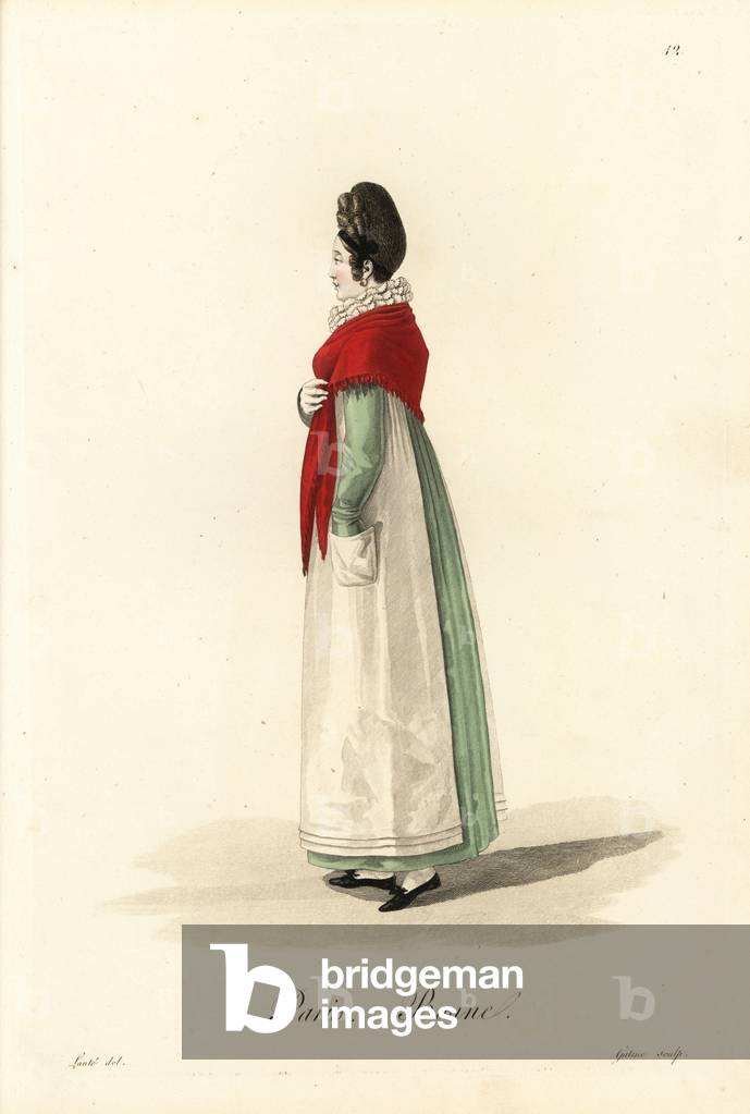 Bonne - Maid, Paris, early 19th century, in lace collar, scarlet shawl, white apron and green dress - Handcoloured copperplate engraving by Gatine after an illustration by Louis-Marie Lante from “” Ouvrieres de Paris”” (Tradeswomen of Paris), Paris, 1823