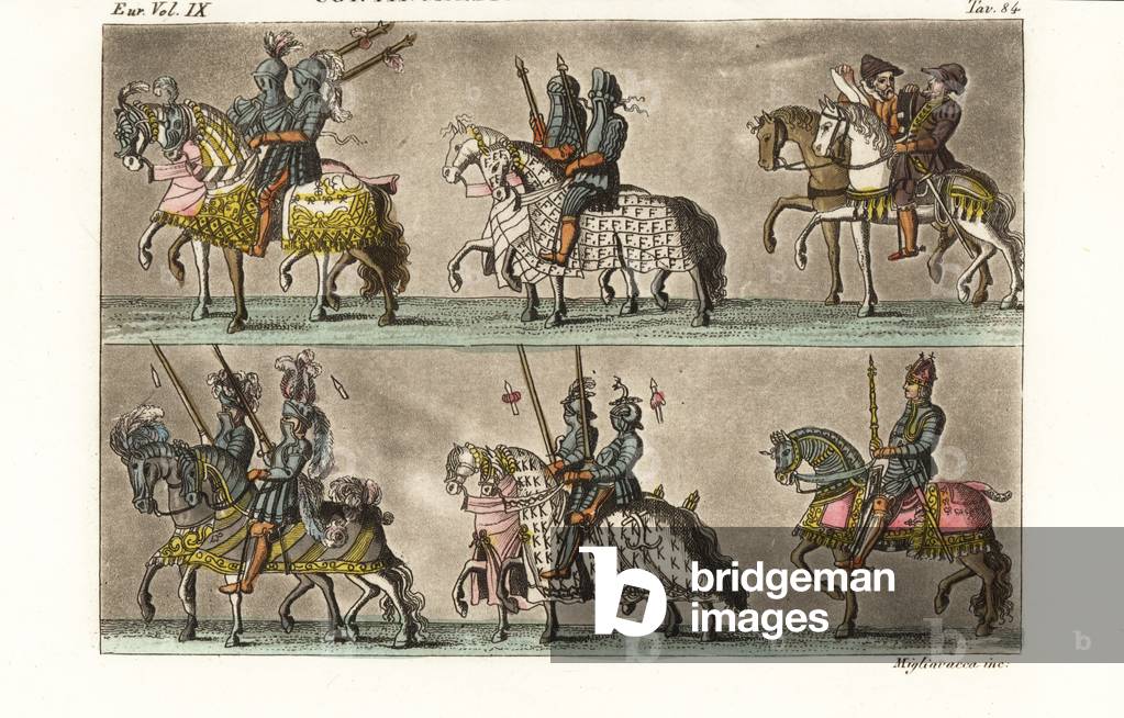 Mounted knights in armour in a procession, 15thC tournament (handcoloured copperplate engraving)