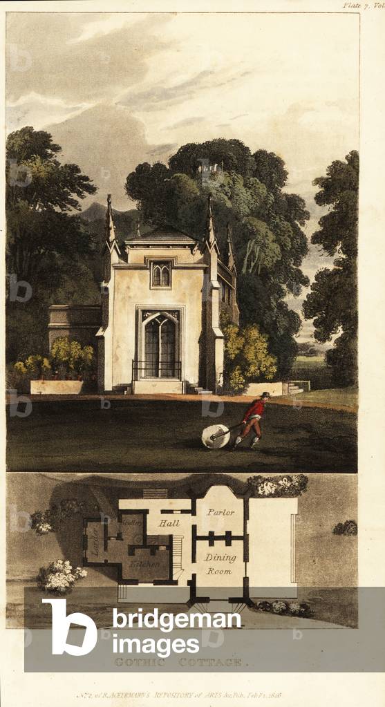 Plan and elevation for a Gothic cottage, 1816 (engraving)