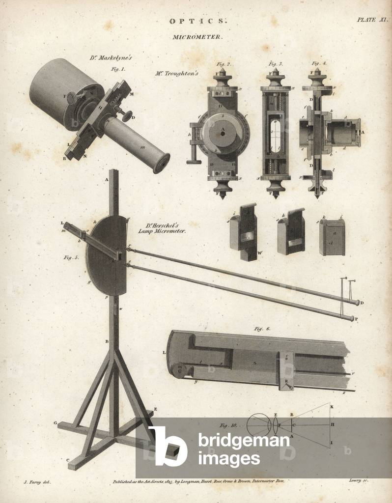 Optical micrometers including Dr. Nevil Maskelyn's, Mr. Edward Troughton's and Dr. William Herschel's lamp micrometer. Copperplate engraving by Wilson Lowry after a drawing by J. Farey Jr. from Abraham Rees' Cyclopedia or Universal Dictionary of Arts, Sciences and Literature, Longman, Hurst, Rees, Orme and Brown, London, 1820.
