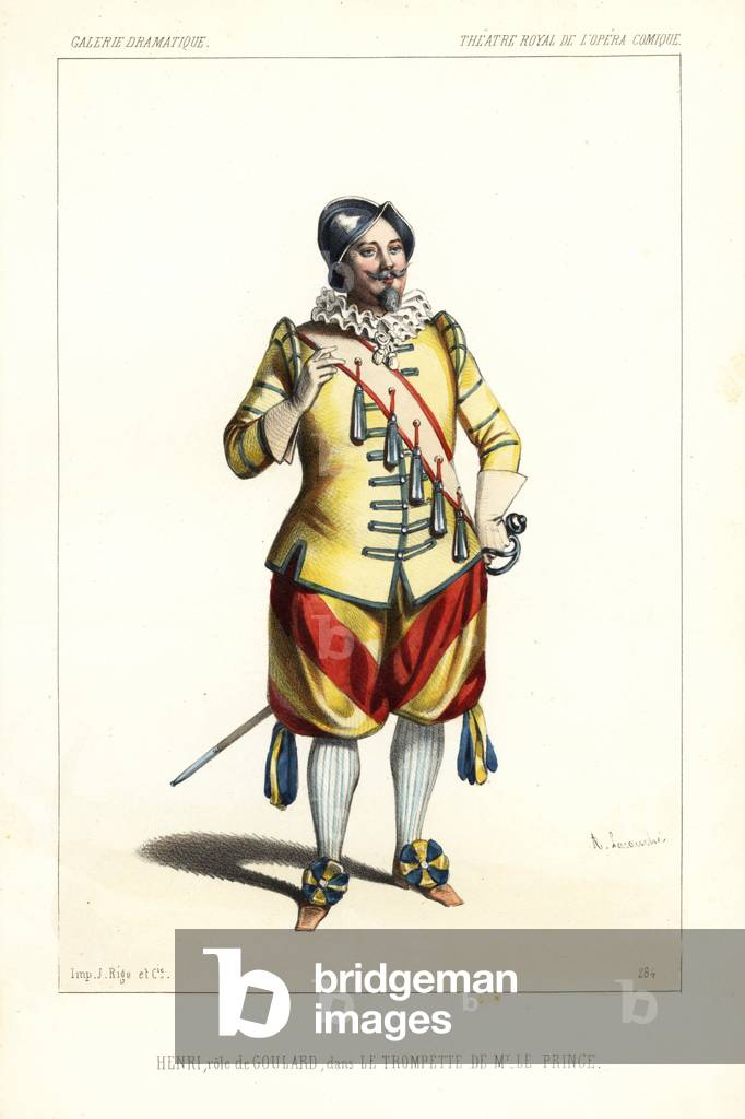 French baritone opera singer Louis Henry or Achille Deshayes as Goulard in Le Trompette de M. Le Prince by Francois Bazin, Theatre Royal de l'Opera Comique, 1846. Handcoloured lithograph after an illustration by Alexandre Lacauchie from Victor Dollet's Galerie Dramatique: Costumes des Theatres de Paris, Paris, 1846.