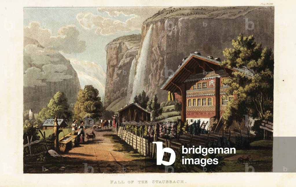 View of the Staubbach Fall, a waterfall in Switzerland, located just west above Lauterbrunnen in the Bernese Highlands