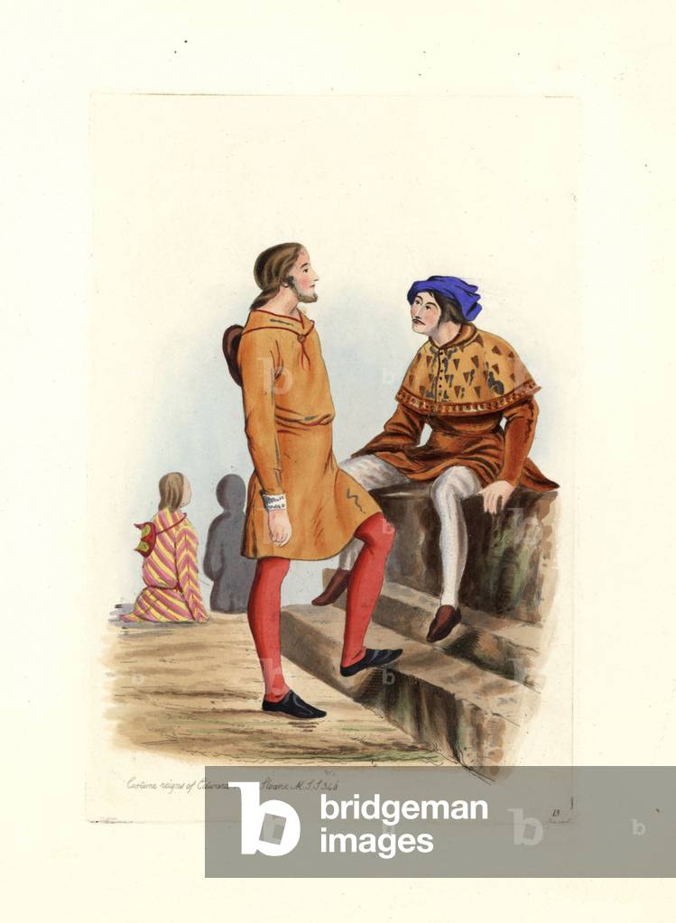 Men's costumes 13th-14th century, wearing short tunics and colored stockings, at the time of King Edward I Plantagenet (1239-1307) and Edward II (1284-1327). Lithograph by Charles Martin, engraving by Leopold Martin, published in “” Costumes civils d'Angleterre depuis la conquete à nos jours”, 1842, London.