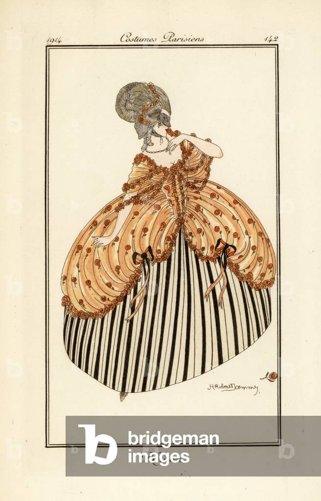 Woman in ball gown and mask, costume of Manon Lescaut.
