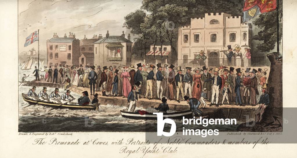 Regency society promenading at Cowes, Isle of Wight. Portraits of Noble Commanders and Members of the Royal Yacht Club. Handcoloured copperplate drawn and engraved by Robert Cruikshank from The English Spy, London, 1825. Written by Bernard Blackmantle, a pseudonym for Charles Molloy Westmacott.
