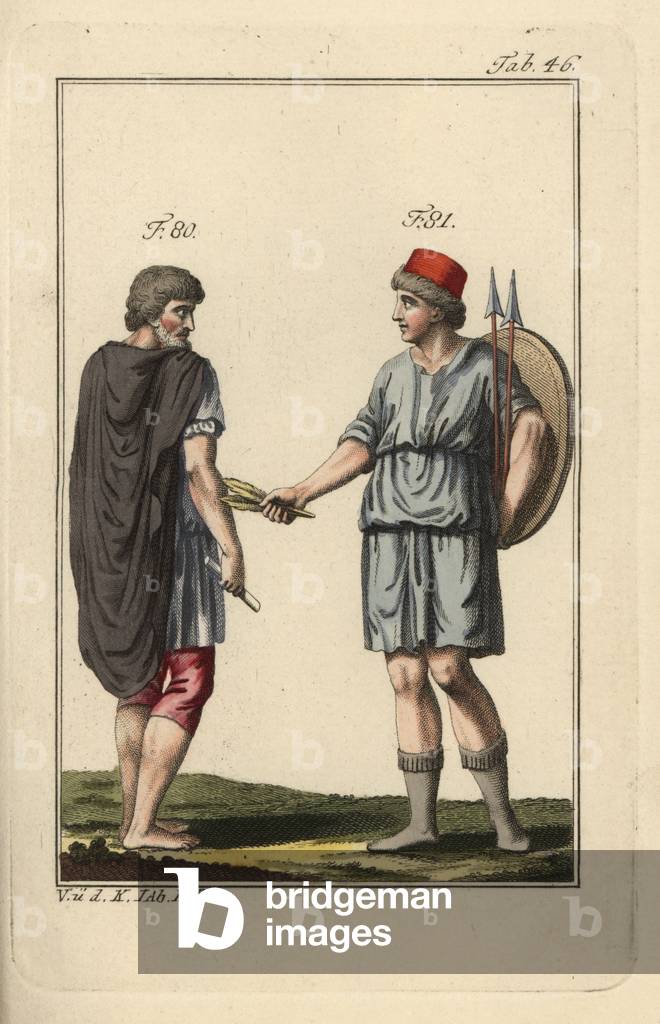 Spanish and Spanish woman with shield and spears. Handcolored copperplate engraving from Robert von Spalart's “” Historical Picture of the Costumes of the Principal People of Antiquity and of the Middle Ages”” (1797).