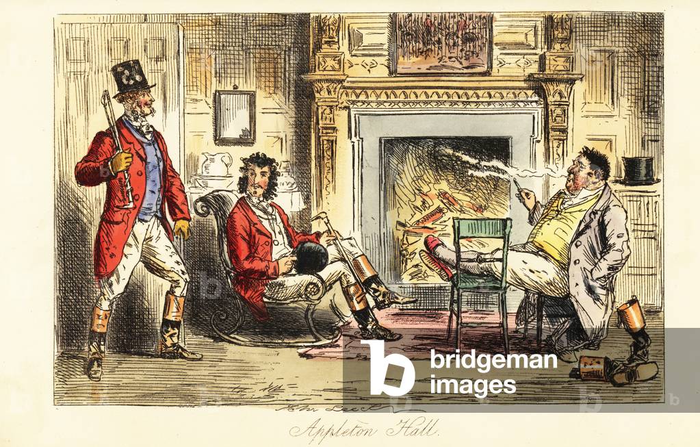 Fox hunters relaxing before a fire in a grand mansion after a hunt, 19th century