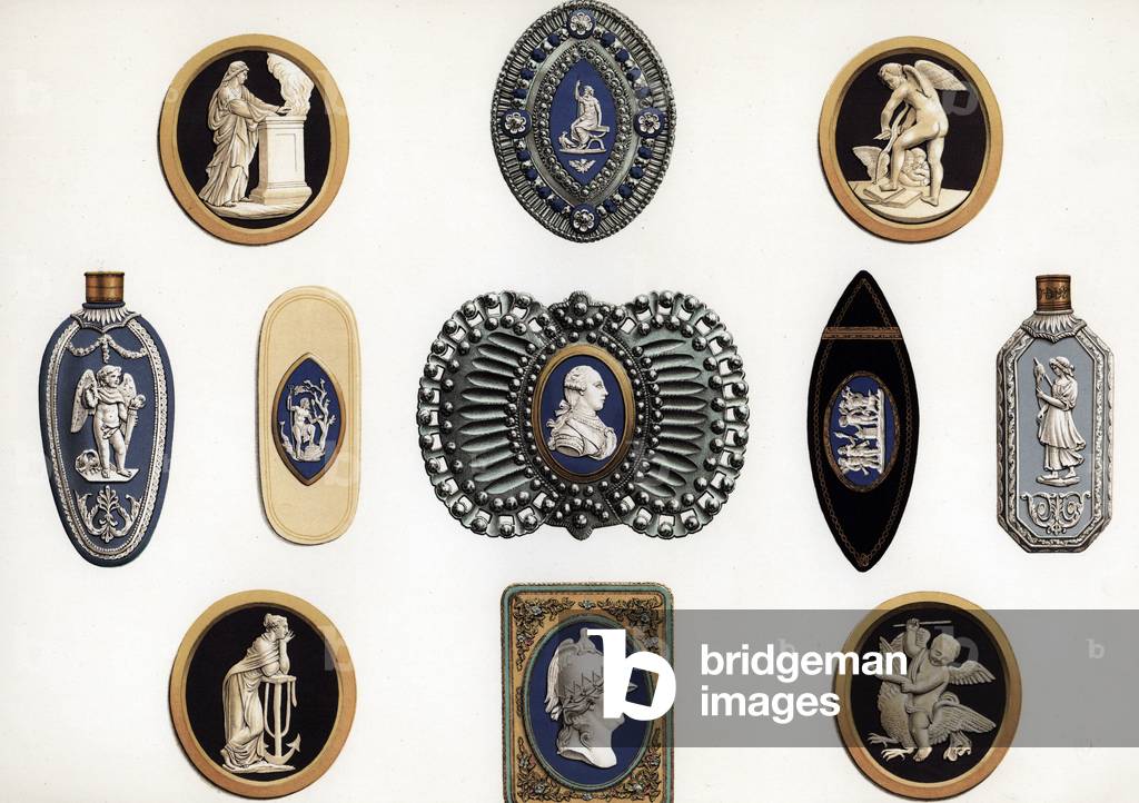 Medallions with nymph, Calliope as Hope, Cupid on a swan, and Cupid shaping his bow. Mounted pieces including gold box with cameo of Catherine II, buckle with Bonnie Prince Charlie, scent flacon with Jupiter and the eagle, and toothpick boxes. Chromolithograph by W. Griggs from Frederick Rathone's Old Wedgwood, the Decorative or Artistic Ceramic Work Produced by Josiah Wedgwood, Quaritch, London, 1898.