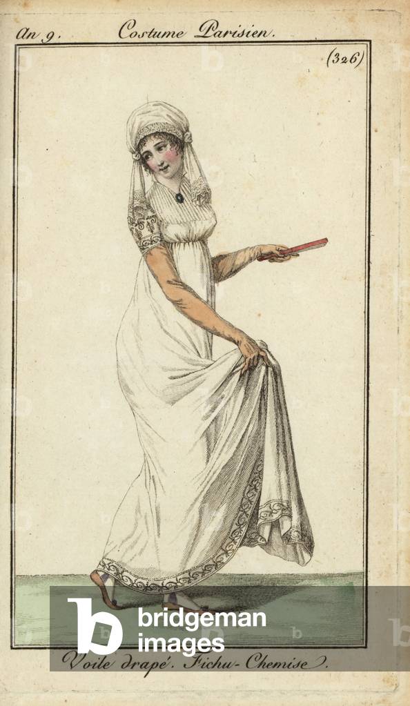 Fashionable woman in a head veil and kerchief-dress, 1801 (handcoloured copperplate engraving)