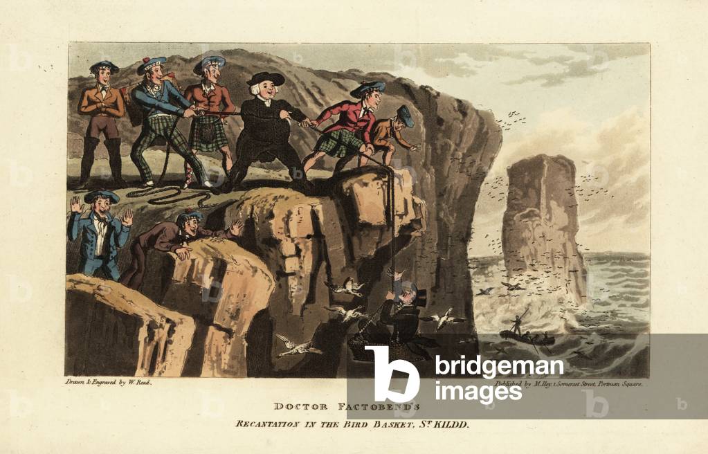 English tourist in a bird basket in a gannet hunt on St Kilda