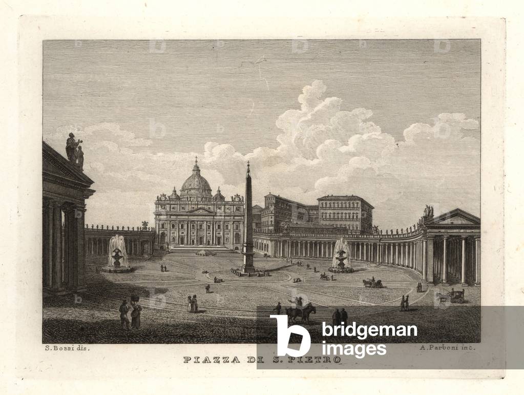 View of St. Peter's Square, Piazza di S. Pietro, with St. Peter's Basilica and ancient Egyptian obelisk