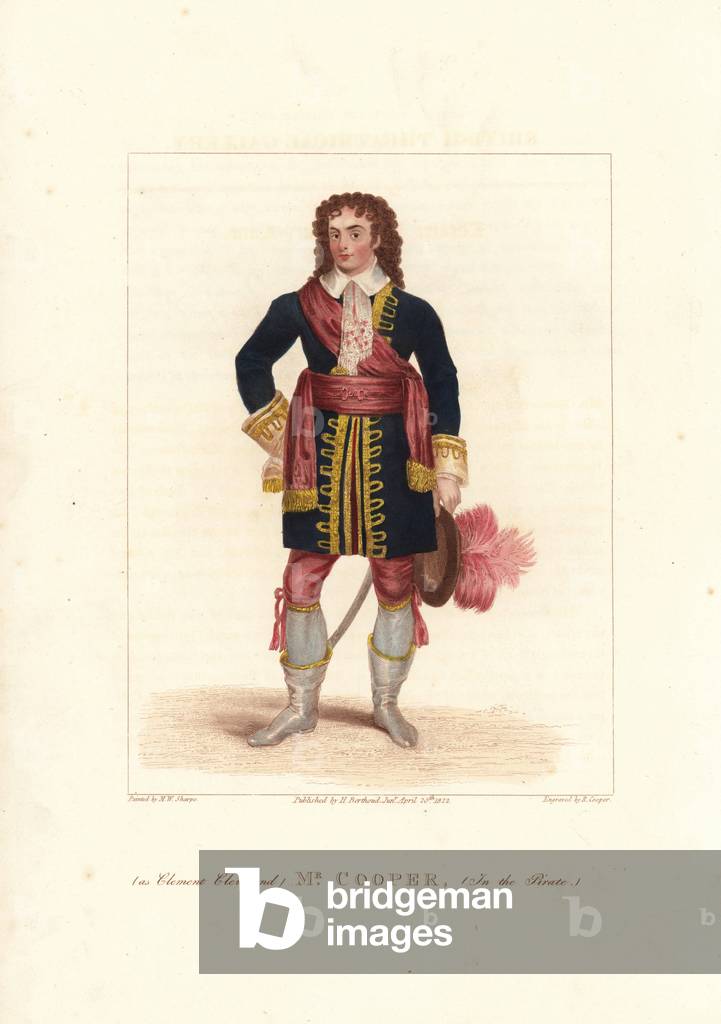 Mr. John Cooper as Clement Cleveland in “The Pirate” at the Theatre Royal Drury Lane. Handcoloured stipple copperplate engraving by Robert Cooper after a painting by Michael William Sharp. From D. Terry's “” British Theatrical Gallery,” London, Henry Berthoud Jr., 1825.