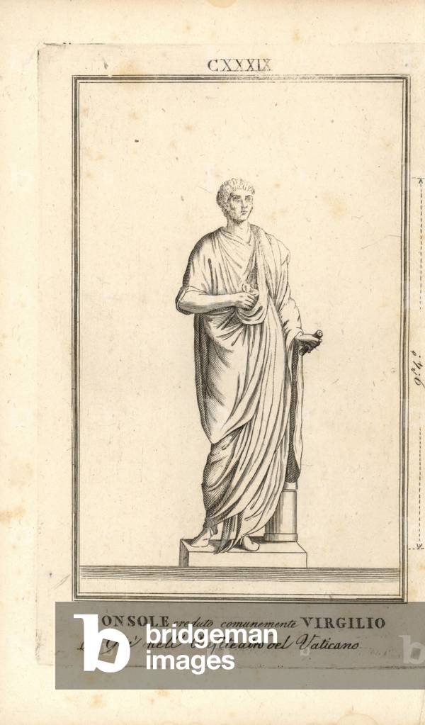 Statue of a Roman consul believed to be Virgilio. In the Vatican. Copperplate engraving from Pietro Paolo Montagnani-Mirabilii's Il Museo Capitolino (The Capitoline Museum), Rome, 1820.