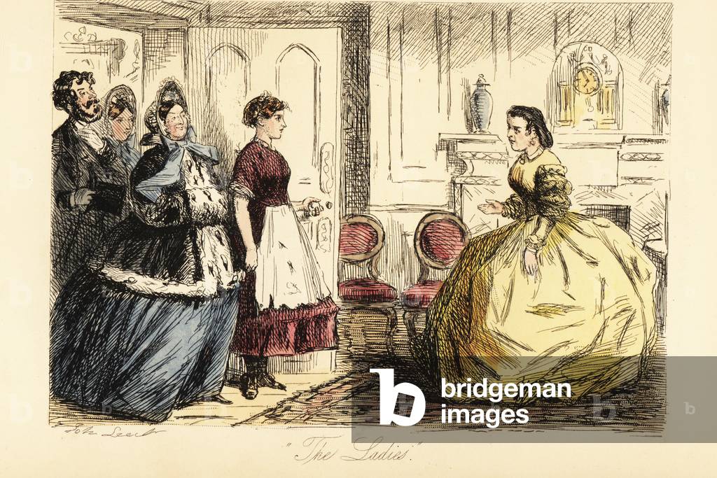 English lady receiving surprise visitors in breakfast room, 19th century