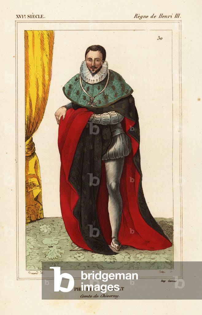Philippe Hurault, Count of Cheverny, politician 1528-1599. Illustration by Dunand, lithograph by Breton after a portrait in Roger de Gaignieres' gallery portfolio IX 50 from Le Bibliophile Jacob aka Paul Lacroix's Costumes Historique de la France (Historical Costumes of France), Administration de Librairie, Paris, 1852.