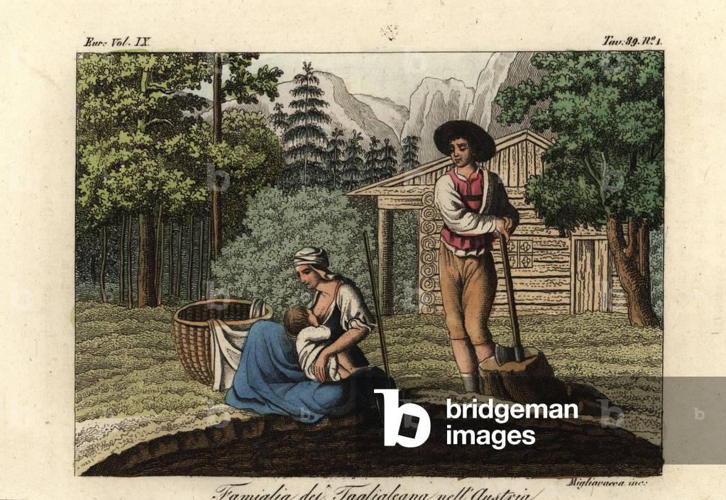 Family of woodcutters in Austria, 1822 (handcoloured copperplate engraving)