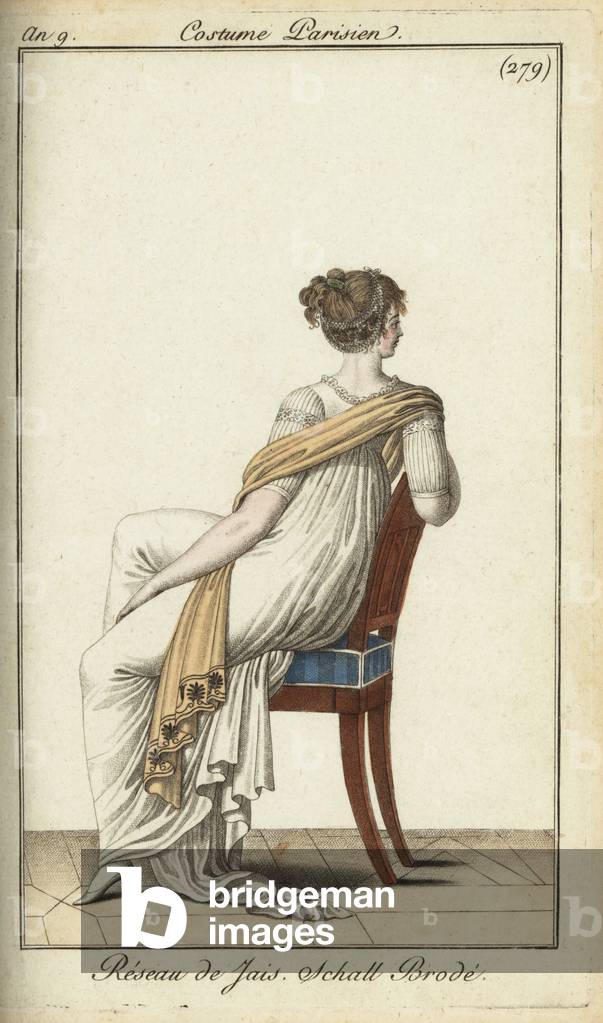 Rear view of fashionable woman seated on a stool, 1801 (handcoloured copperplate engraving)