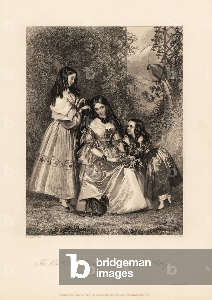 Sarah Elizabeth, Susannah and Sophia Copley, daughters of John Copley, 1st Baron Lyndhurst. Two younger sisters playing with the ringlets of the oldest sister Sarah. Susannah on the left died at age 15 after this portrait was painted. They wear off the shoulder dresses decorated with ribbons, the youngest in bloomers. A parrot on a stand in the background. Steel engraving by Henry Cook after an illustration by Daniel Maclise from Charles Heath’s Portraits of the Children of the Nobility, Longmont, London, 1838.