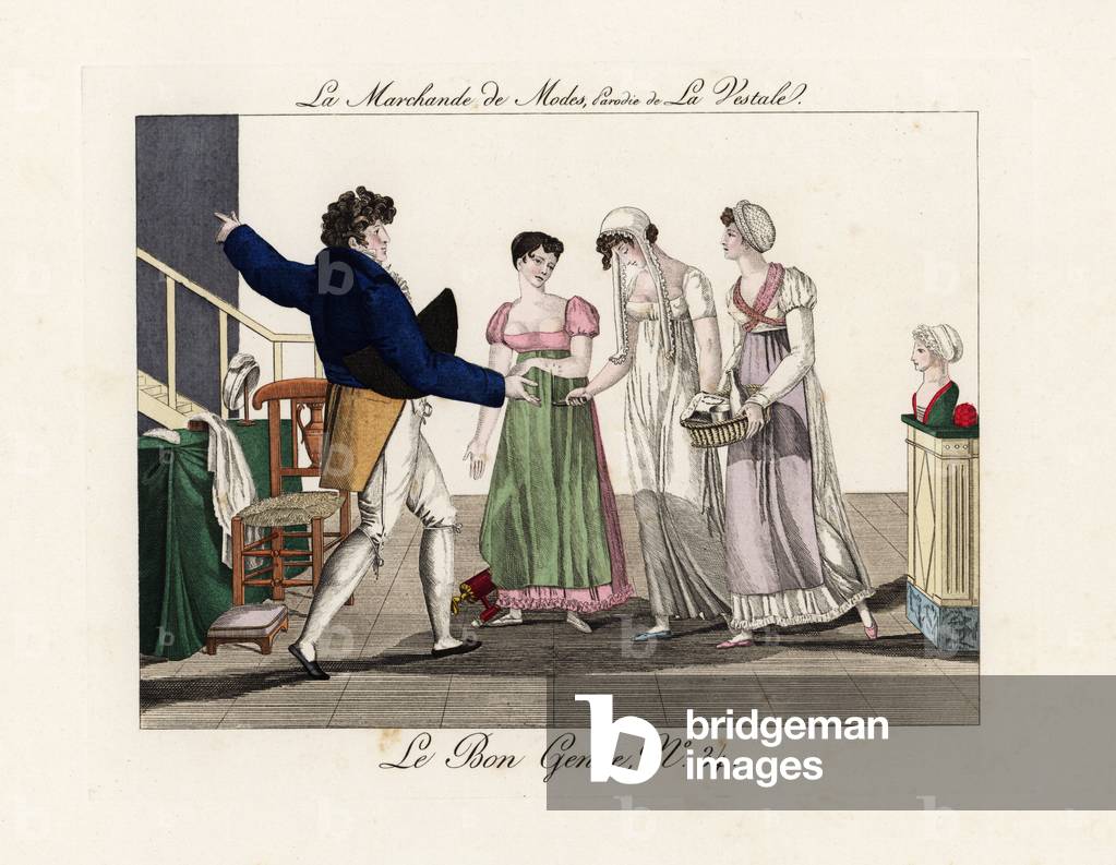 Scene from Etienne Jouy's 1808 play La Merchant des Modes, a parody of La Vestale (his own opera from 1807 with music by Spontini). A despondent Miss Julie, fashion apprentice, is ordered upstairs by Mr de Crepanville while her companions hold a basket of bread and water and sing, “” Dip your bread, dip your bread Julie, Dip your bread in the clear water.”” Handcoloured engraving from Pierre de la Mesanger's Le Bon Genre, Paris, 1817.