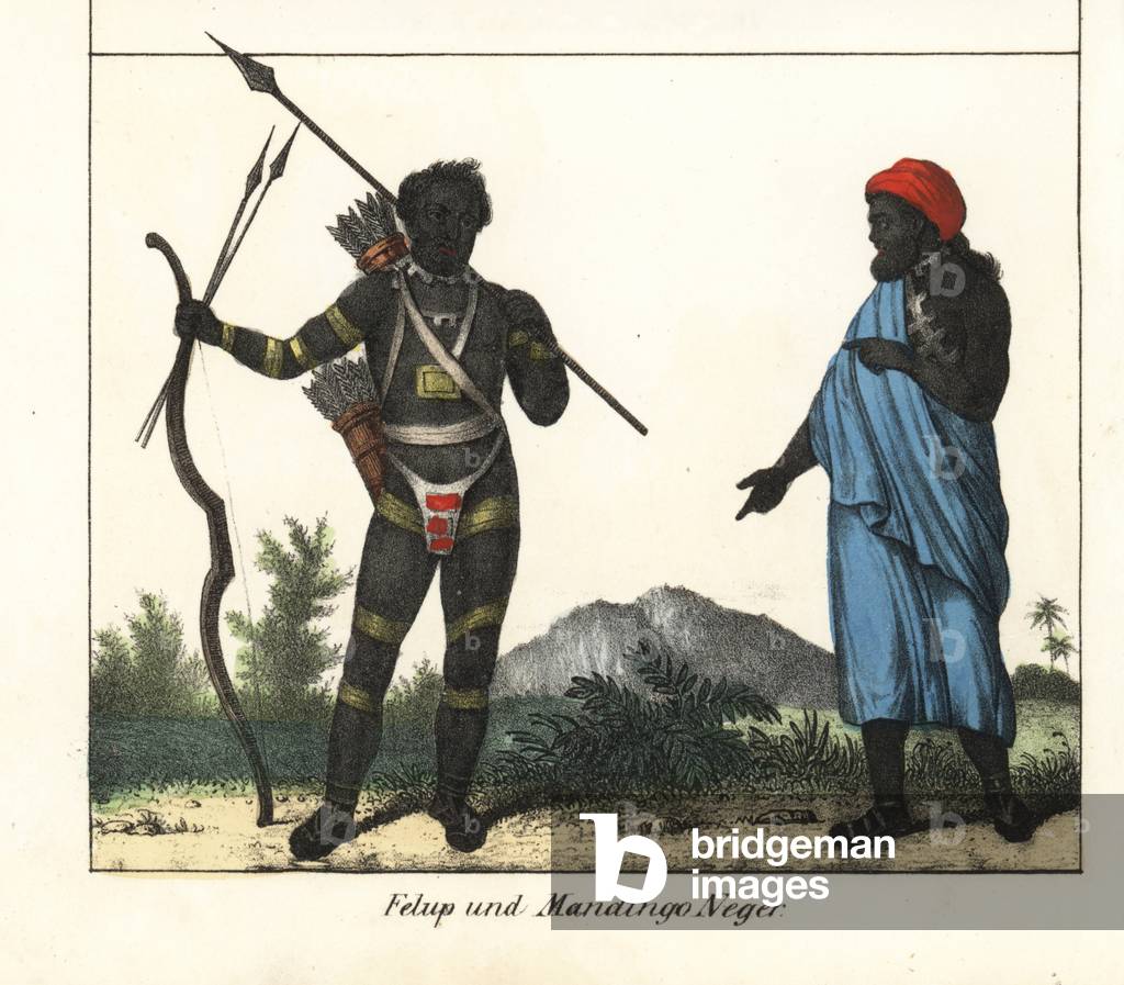 Man bloup (Flup or feloupe) (Senegal) wearing gold circles around legs and arms and a mandinka (Mandinka or Mande) (West Africa) bearded, with a tunic and turban. Lithography for the book: “” Galerie complete en tableaux fideles des peuples d'Afrique” by Friedrich Wilhelm Goedsche (1785-1863), edition Meissen (Germany), 1835-1840. Fulup man in loin cloth and gold leg and arm bands with quivers, spears, bow and arrow, and a bearded Mandingo man in robe and turban. Handcoloured lithograph from Friedrich Wilhelm Goedsche's “” Vollstaendige Voelkergallerie in getreuen Abbildungen”” (Complete Gallery of Peoples in True Pictures), Meissen, circa 1835-1840.