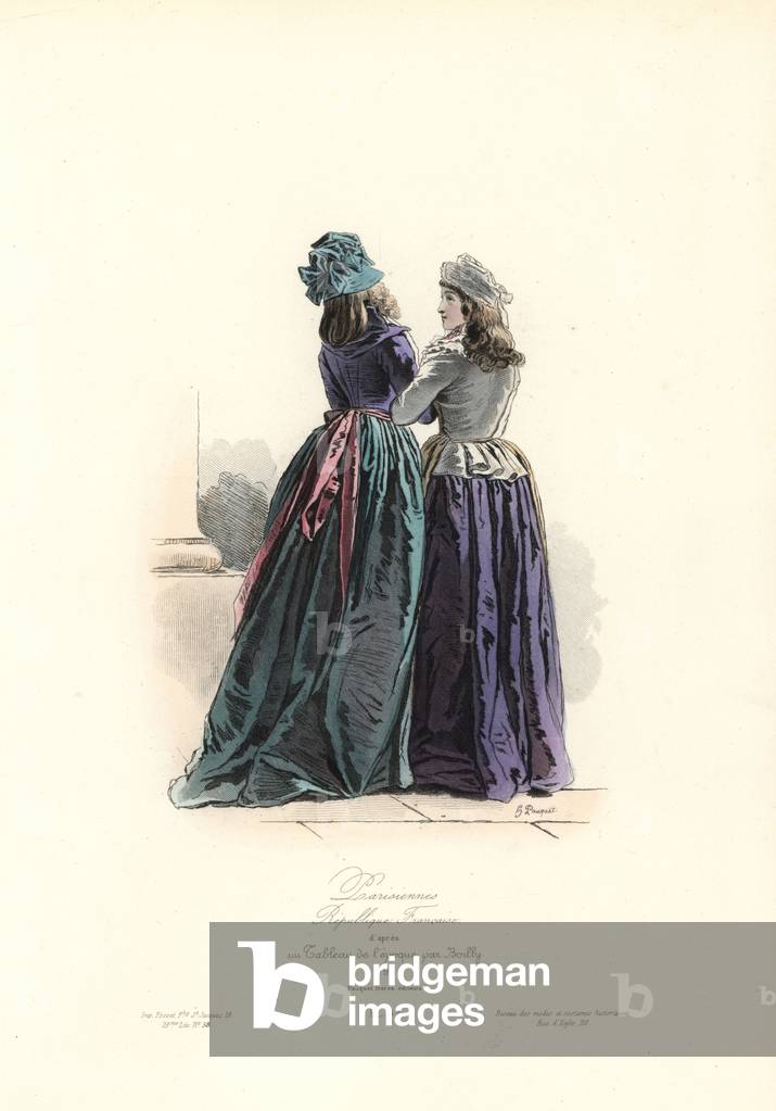 Parisian women, French Republic era, 1793. Handcoloured steel engraving by Hippolyte Pauquet after Louis-Leopold Boilly from the Pauquet Brothers' “” Modes et Costumes Historique”” (Historical Fashions and Costumes), Paris, 1865. Hippolyte (b. 1797) and Polydor Pauquet (b. 1799) ran a successful publishing house in Paris in the 19th century, specializing in illustrated books on costume, birds, butterflies, anatomy and natural history.