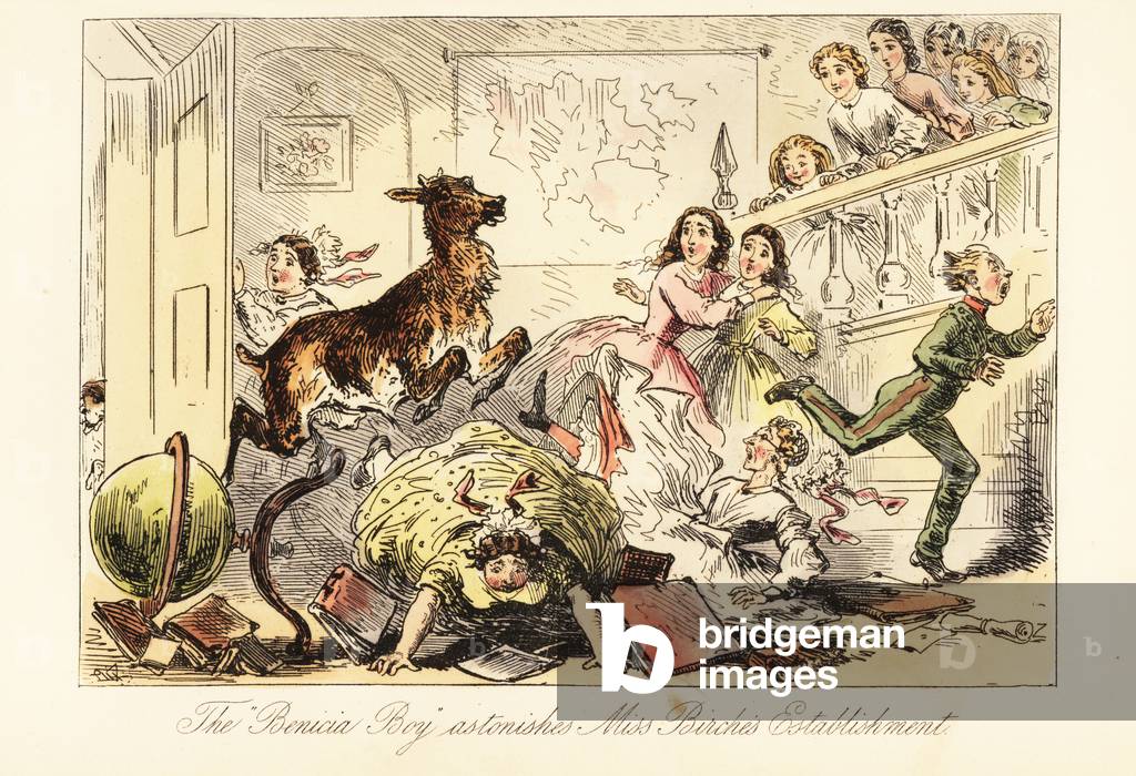 A young buck crashing into a lesson in a girls’ finishing school, 19th century
