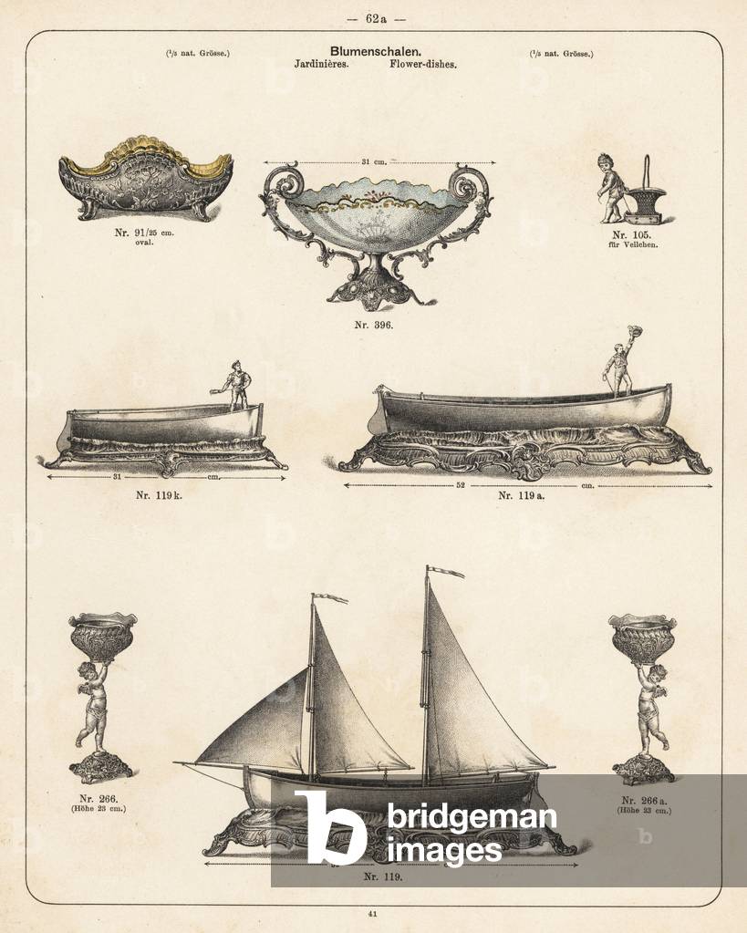 Flower dishes and vases in the shape of boats. Lithograph from a catalog of metal products manufactured by Wuerttemberg Metalware Factory, Geislingen, Germany, 1896.- Catalogue of metal products manufactured by Wuerttemberg Metalware Factory, Geislingen, Germany, 1896 -