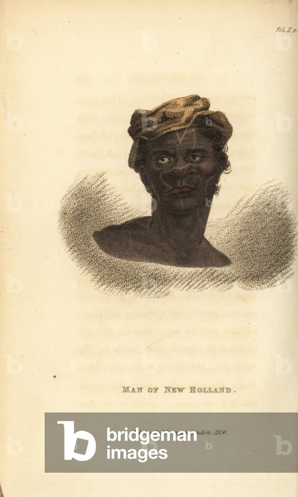 Head of an Australian aboriginal. Man of New Holland. Handcoloured copperplate engraving from Frederic Shoberl's The World in Miniature: The Asiatic Islands and New Holland, R. Ackermann, London, 1824.