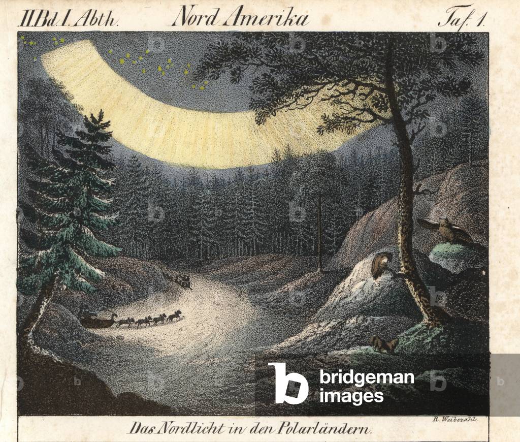 Dog-drawn sleds, illuminated by the light of the aurora boreale, in the snow-covered forest of the polar regions of North America. Lithograph by R. Weiberzahl, for the book “” Galerie complete en tableaux fideles des peuples d'Amérique et d'Australie” by Friedrich Wilhelm Goedsche (1785-1863), edition Meissen (Germany), 1835-1840. Dogsled team riding through a snowy mountain scene against the northern lights or Aurora borealis in the polar region of North America. Lithograph by R. Weiberzahl. Handcoloured lithograph from Friedrich Wilhelm Goedsche's “” Vollstaendige Voelkergallerie in getreuen Abbildungen”” (Complete Gallery of Peoples in True Pictures), Meissen, circa 1835-1840.