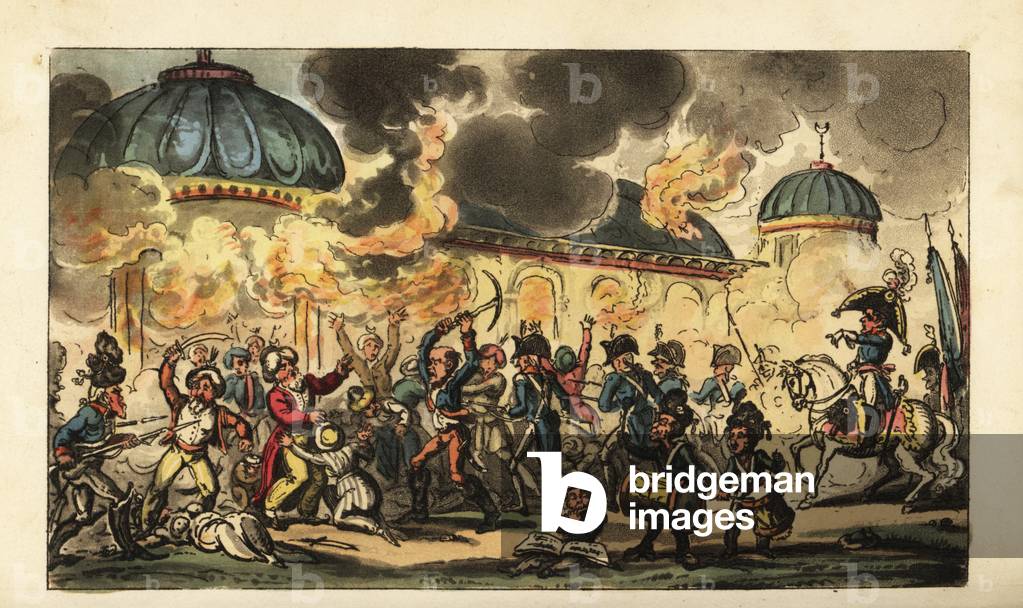 Napoleon Bonaparte directing the burning of the Great Mosque and other mosques to quell the Cairo Uprising during the Egyptian Campaign, 1798. Handcoloured copperplate engraving by George Cruikshank from The Life of Napoleon a Hudibrastic Poem by Doctor Syntax, T. Tegg, London, 1815.