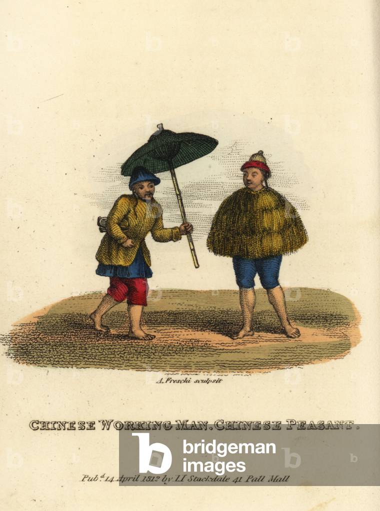 Chinese plow with bamboo-and-paper umbrella and peasant in rice-straw cape, Qing Dynasty. Handcoloured copperplate engraving by Andrea Freschi after Antoine Cardon from Henri-Leonard-Jean-Baptiste Bertin and Jean Baptiste Joseph Breton's China, Its Costumes, Arts, Manufactures, etc., Howlett and Brimmer, London, 1824.