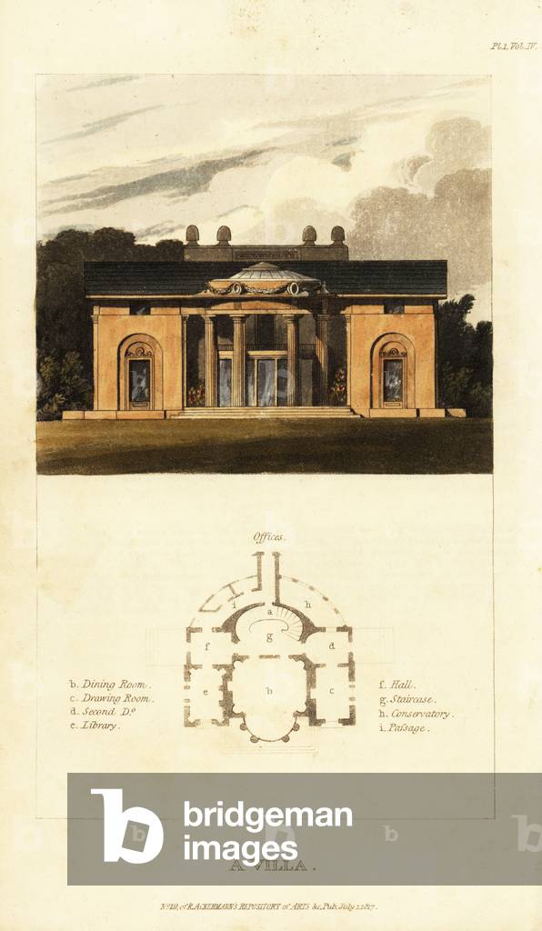 Plan and elevation of a Regency neoclassical villa, 1817 (engraving)