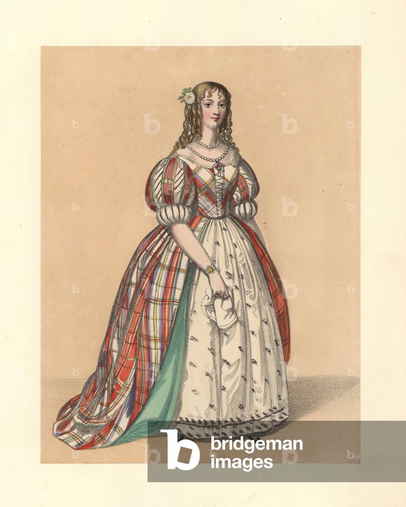 Dress (Dress) of the reign of James II, 1685-1688. She wears her hair in ringlets, a low-cut check dress with bodice and puff sleeves over an embroidered petticoat. Based on Hollar's “” Ornatus Muliebris Anglicanus,”” Heath's “” Chronicle,”” by Grammont, portraits, prints. Handcoloured lithograph from “” Costumes of British Ladies from the Time of William the First to the Reign of Queen Victoria”, London, Dickinson and Son, 1840.