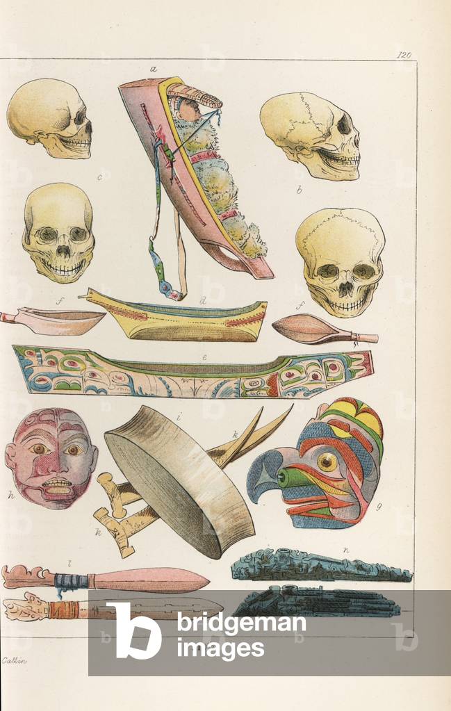 Chinook cradleboard to flatten a child's head a, flattened skulls b, natural skull c, Chinook canoe d, Niskah war canoe e e, canoe ladles f, medicine man's Stikeen mask g, Niskah woman with mouth plug h, mouth plug i, wapito diggers k, war clubs l, and carved pipes n. Handcoloured lithograph from George Catlin's Manners, Customs and Condition of the North American Indians, London, 1841.