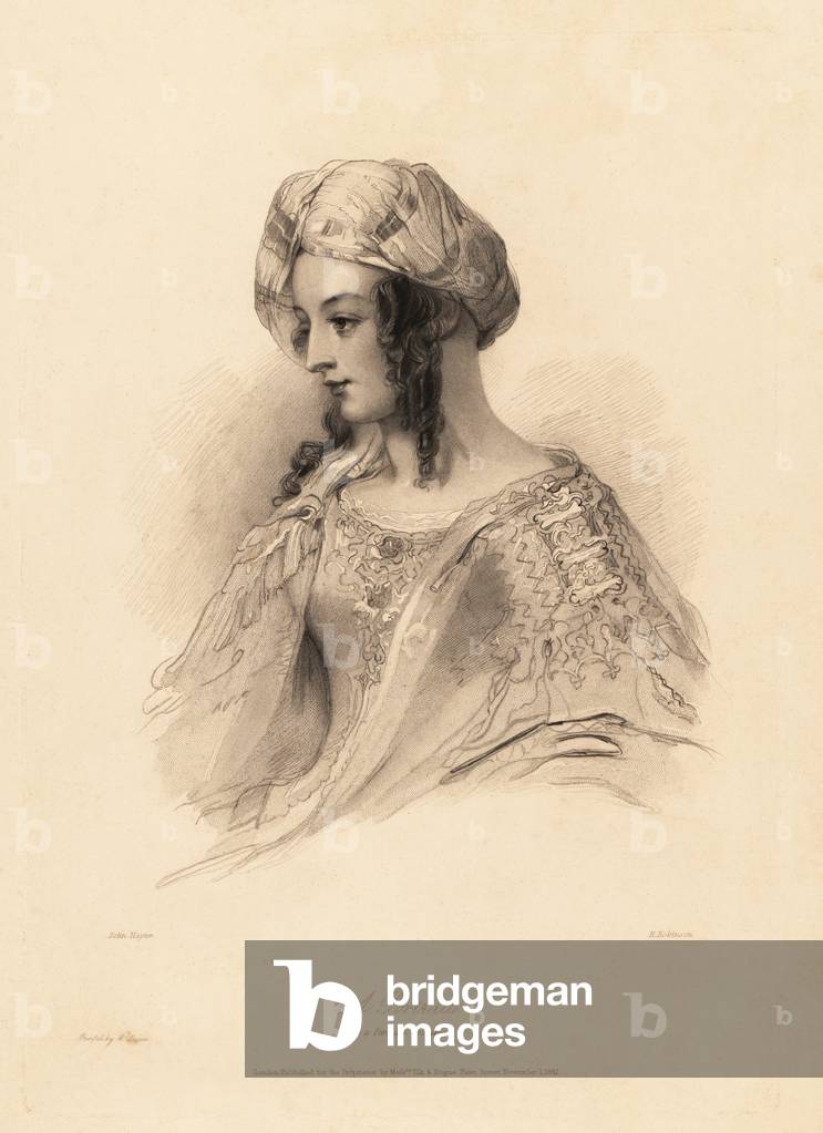 Portrait of a woman in Persian costume. She wears a turban, her hair in ringlets, dress with embroidered sleeves. Steel stipple engraving by H. Robinson after an illustration by John Hayter from Charles Heath’s English Pearls, or Portraits for the Boudoir, Tilt and Bogue, London, 1843.