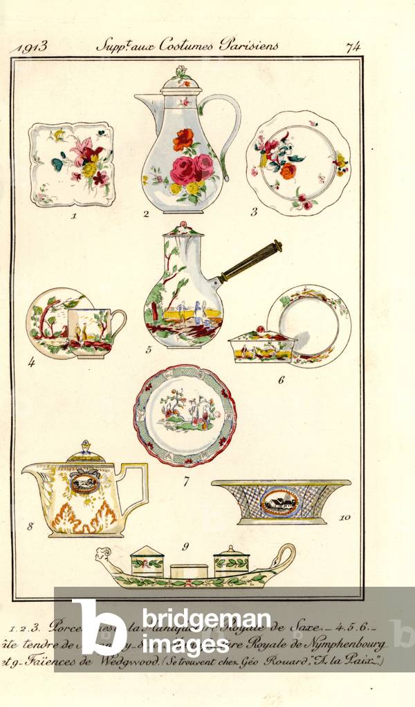 Porcelain designs for tableware from Saxe, Mennecy, Nymphenbourg and Wedgwood, 1913. Handcoloured pochoir (stencil) etching from Tommaso Antongini’s Journal des Dames et des Modes, Aux Bureaux du Journal des Dames, Paris, 1913.