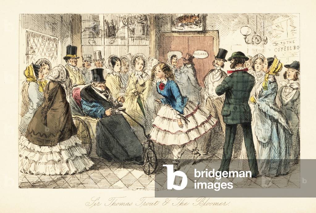 Old gentleman with gout in an invalid chair talking with a young woman in bloomers, 19th century