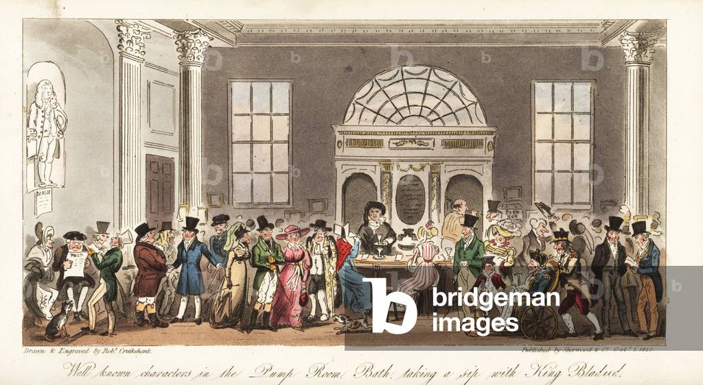 Fashionable Regency people taking the healing waters in the Pump Room at Bath Spa. Well-known characters including Handcoloured copperplate drawn and engraved by Robert Cruikshank from The English Spy, London, 1825. Written by Bernard Blackmantle, a pseudonym for Charles Molloy Westmacott.