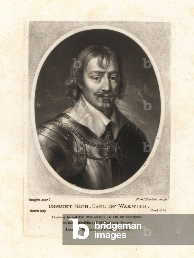 Robert Rich, 2nd Earl of Warwick, English colonial administrator, admiral, and Puritan, died 1658. Copperplate mezzotint by Richard Earlom after an original miniature painting by Anthony van Dyck from Samuel Woodburn's Portraits of Characters Illustrious in British History, London, 1810.