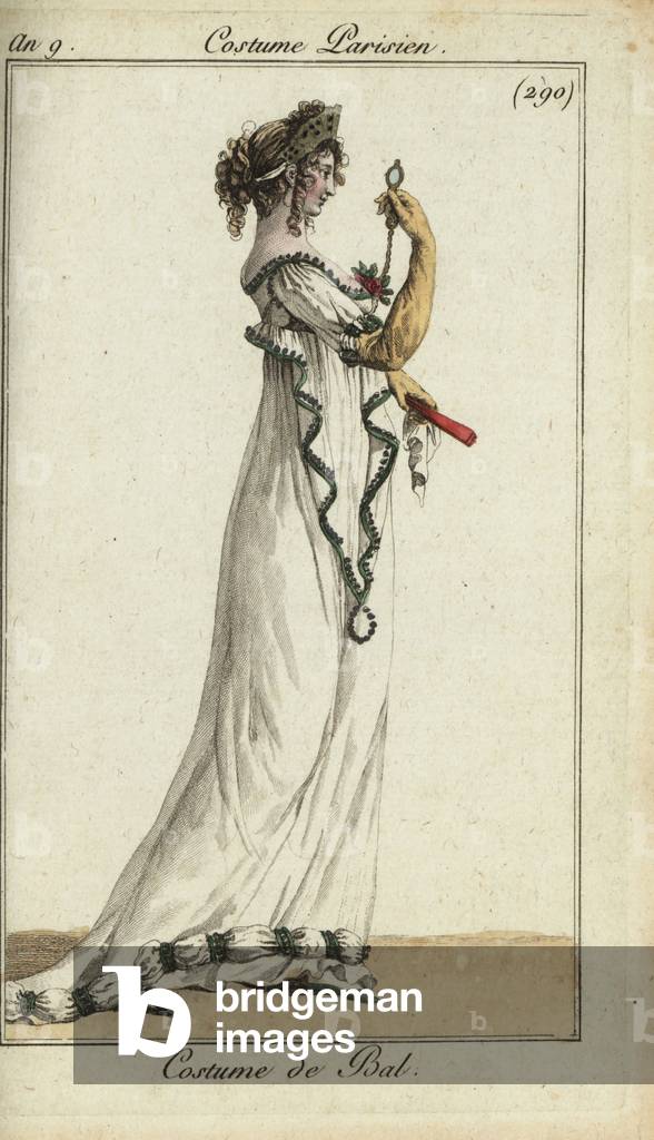 Fashionable woman in ball gown with tiara, 1801 (handcoloured copperplate engraving)