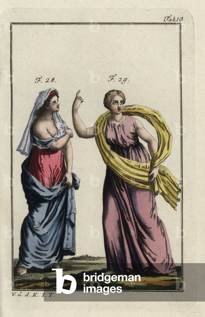 Hesione, Trojan princess, in Greek dress and Iris in a fluttering mantle. Handcolored copperplate engraving from Robert von Spalart's “” Historical Picture of the Costumes of the Principal People of Antiquity and of the Middle Ages”” (1796).