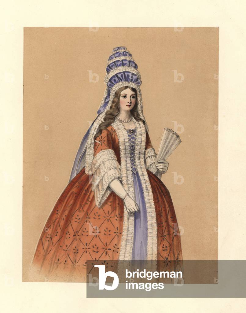 Dress (Dress) of the reign of Queen Anne, 1702-1714. She wears a tall hat of ribbon and lace, a dress trimmed with lace, white gloves, and carries a lace fan. Addison's Spectator, prints and portraits, Horace Walpole. Handcoloured lithograph from “” Costumes of British Ladies from the Time of William the First to the Reign of Queen Victoria”, London, Dickinson and Son, 1840.