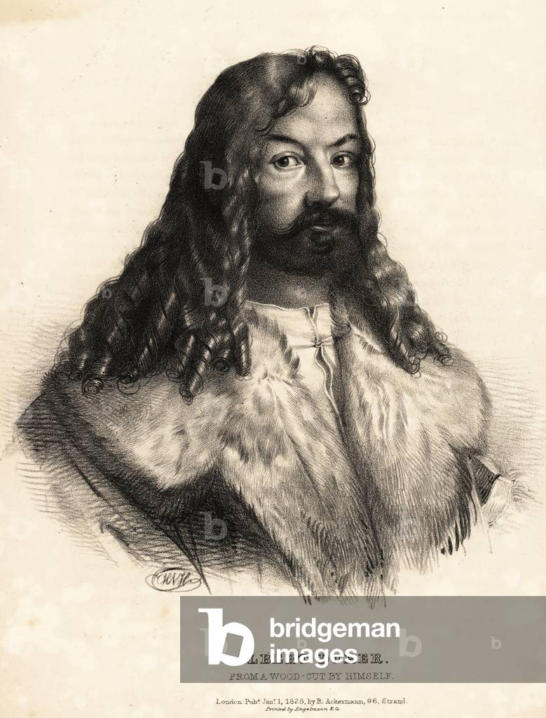 Albrecht Durer, German Renaissance painter, 1471-1528. From a self portrait woodcut. Lithograph after a drawing by HVH from Portraits of the most celebrated painters of all the schools, Ackermann, London, 1828.